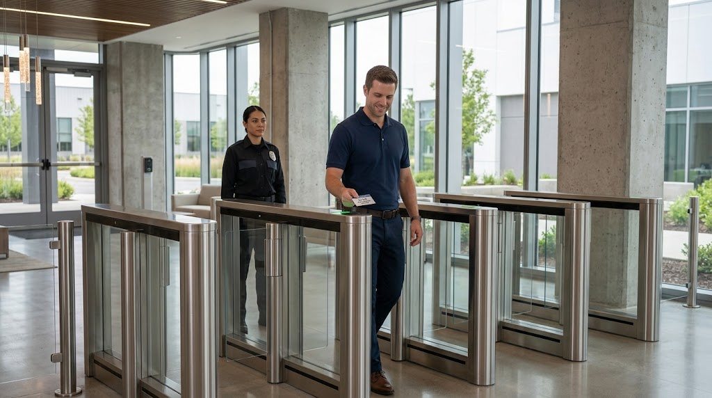 A visitor holding a printed badge passes through a speedgate in an office lobby while a security officer watches from the side.
