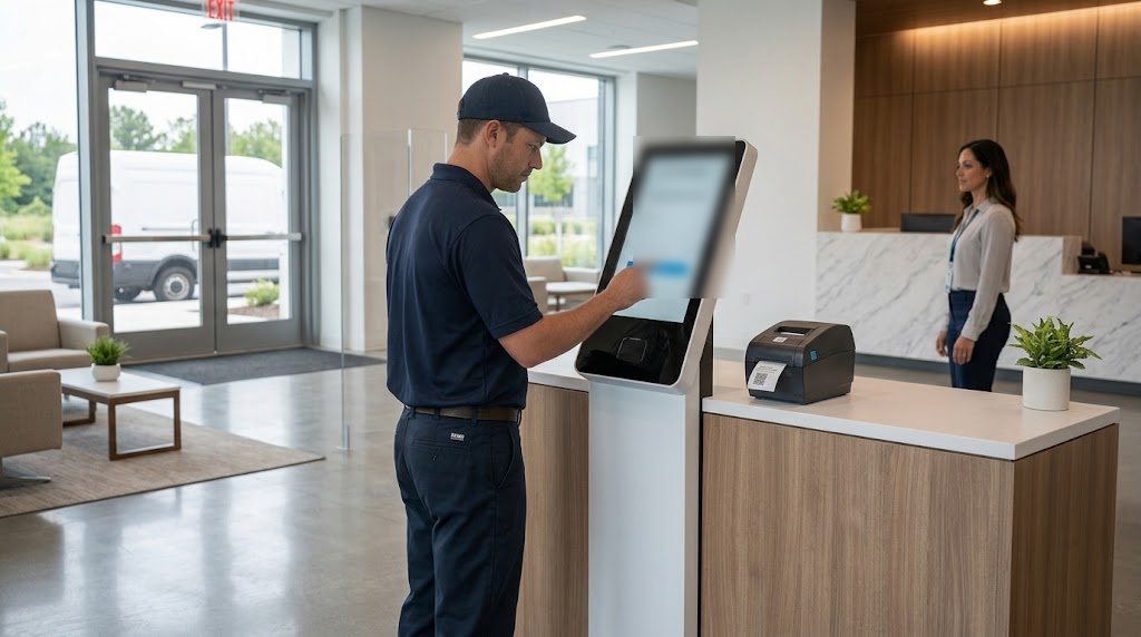 A contractor signing in at a self-service kiosk in a building lobby, with a badge printer on the reception counter beside him.