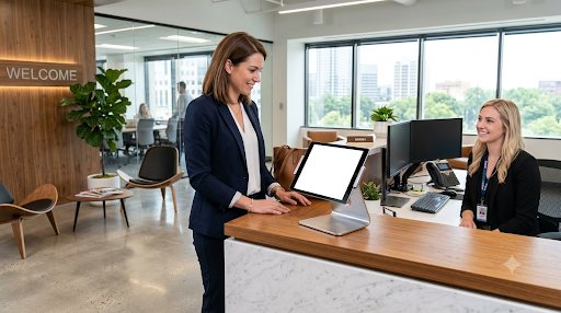 A visitor signing in on a reception tablet while a host greets her at the front desk.